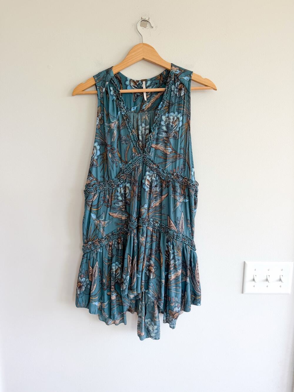 Free People Purple Haze Ruffles V-Neck Tiered Tunic Teal S